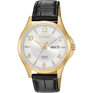 Reloj Citizen de cuarzo para hombre, acero inoxidable con correa de piel negro, caja dorada