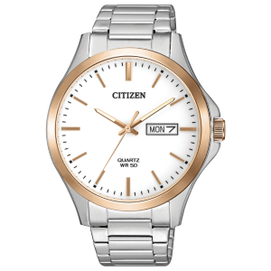 Reloj Citizen de cuarzo para caballero en caja y brazalete de acero inoxidable con bisel y detalles dorados