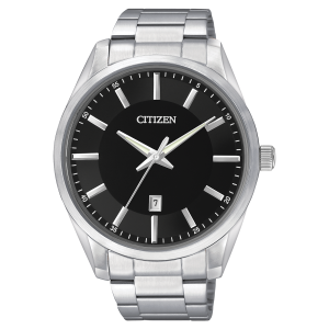 Reloj Citizen de cuarzo para caballero, carátula negra contrasta con la caja y brazalete de acero inoxidable
