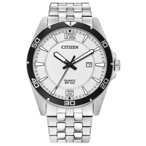 Reloj Citizen brazalete de acero inoxidable, con carátula blanca y detalles a juego con su bisel negro