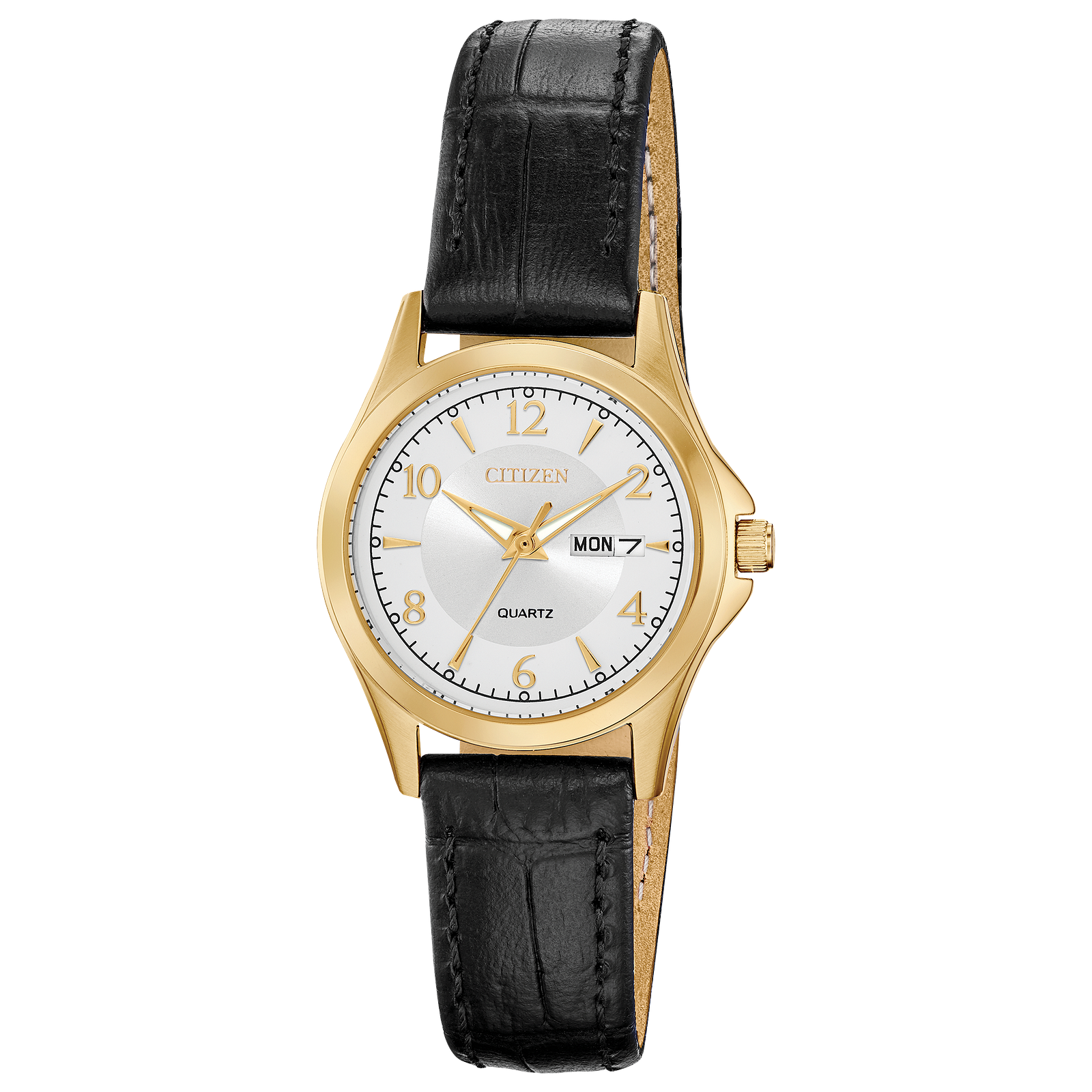 Reloj Citizen de cuarzo para dama en caja dorada con correa de piel negra