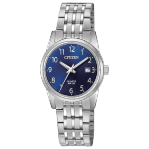 Reloj Citizen de cuarzo para dama, carátula azul con fechador brazalete de acero inoxidable