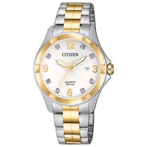 Reloj Citizen de cuarzo para dama con caja y brazalete en acero inoxidable bitono, luce detalles de cristales